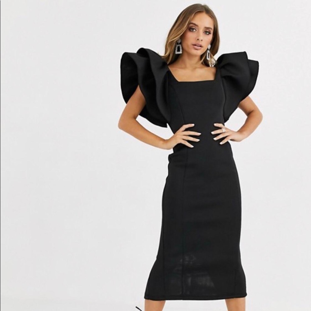 ruffle sleeve square neck scuba midi dress